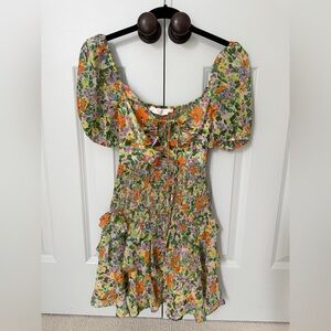 Floral Puff-Sleeve Mini Dress in Green & Orange